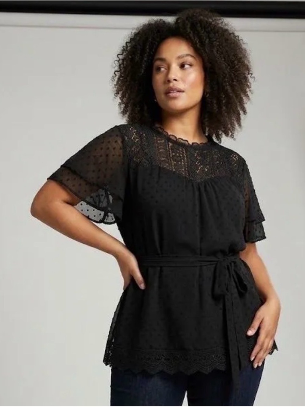 SHEIN Black Swiss Dot Lace Yoke Belted Blouse